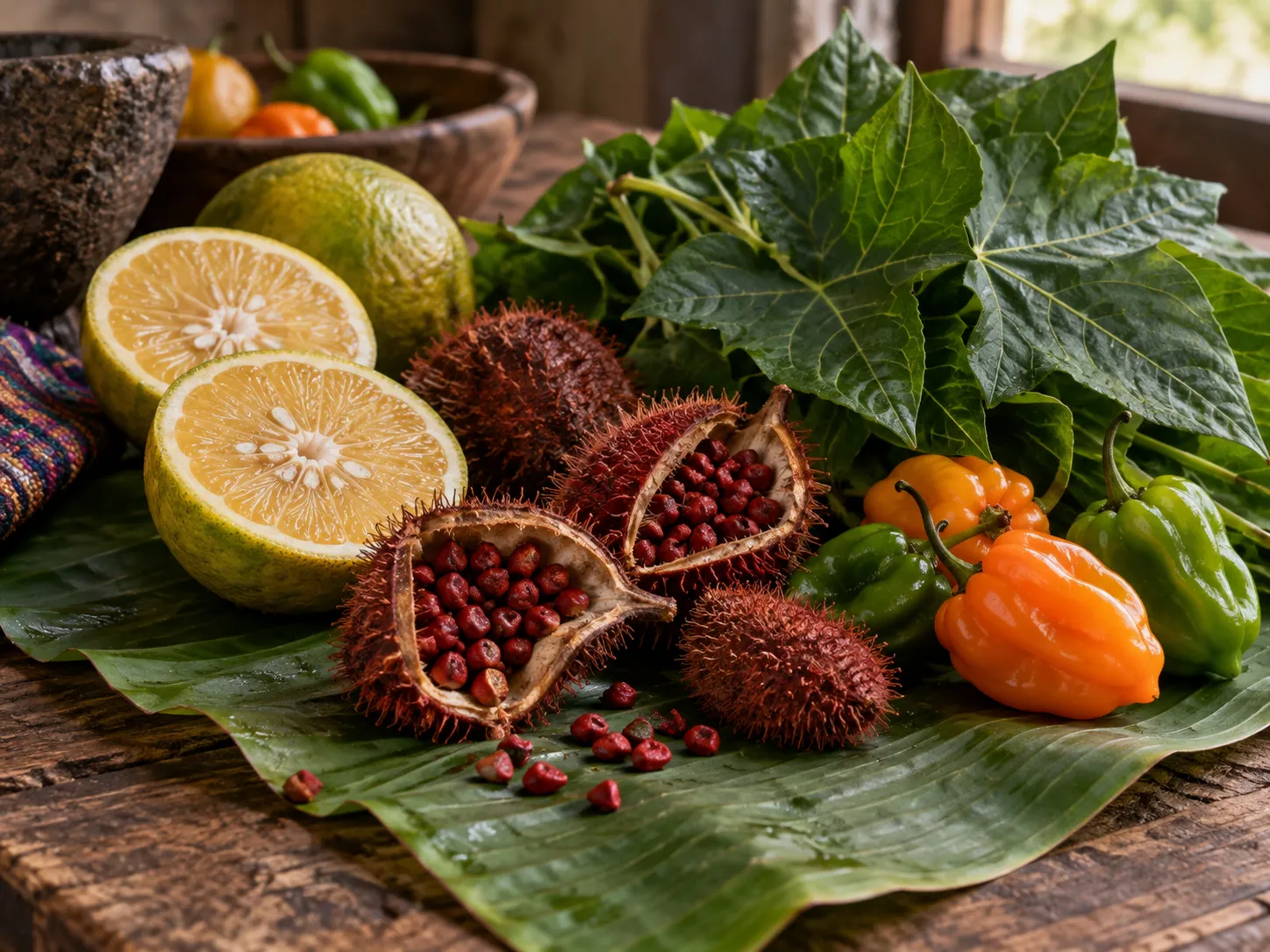 Frutos abiertos de achiote con sus semillas rojas, hojas de chaya, chiles habaneros y naranjas agrias sobre hoja de plátano