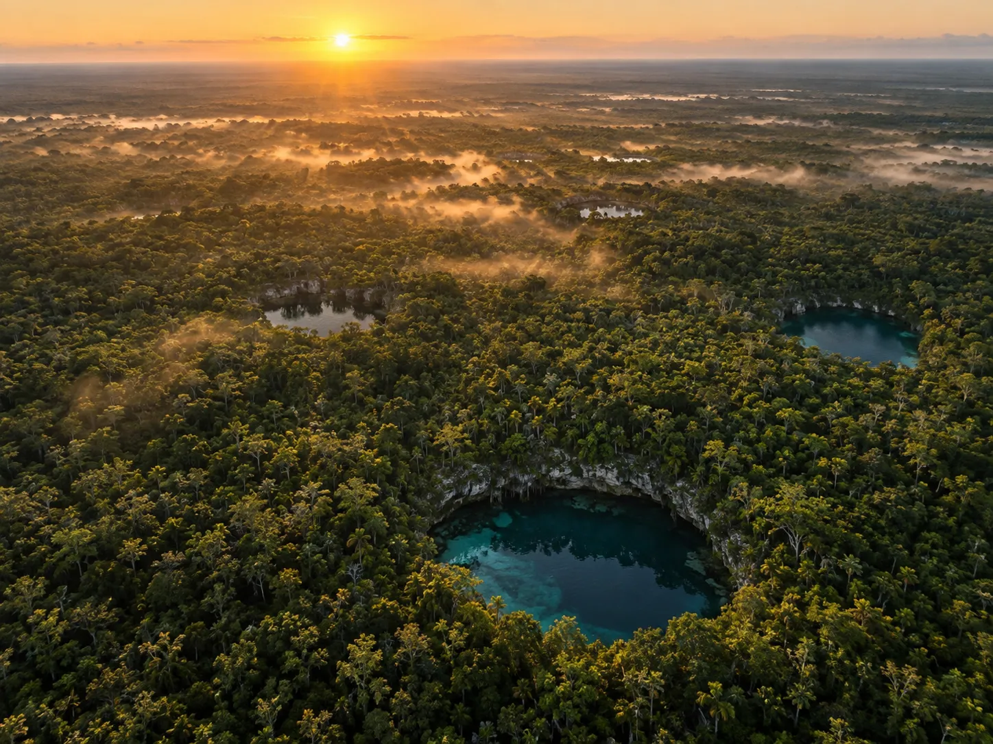 Vista aérea al amanecer de la selva baja del norte de Yucatán con varios cenotes circulares de agua turquesa