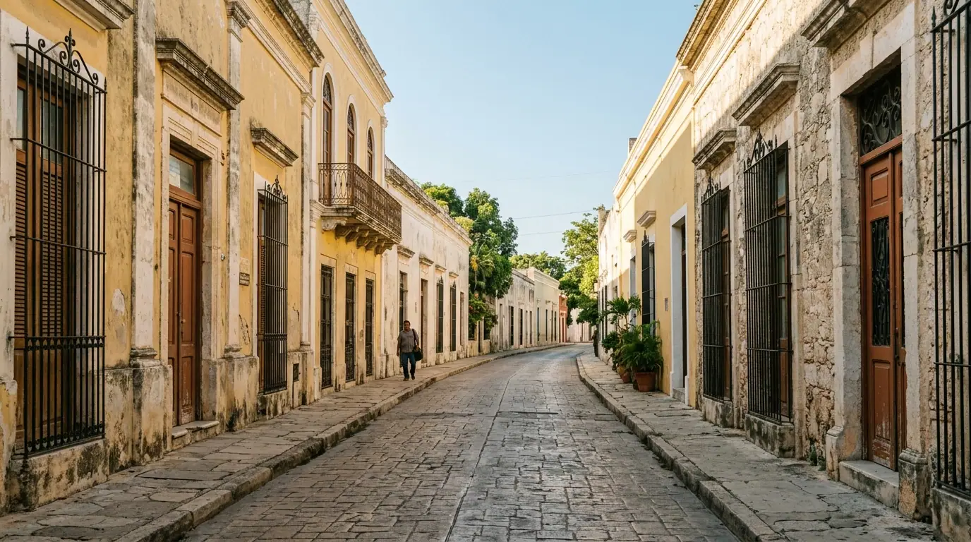 Calle 61 en el Centro Histórico de Mérida con fachadas coloniales y cielo matutino