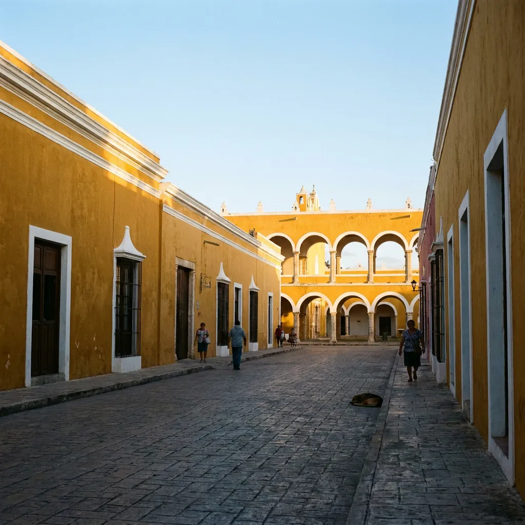 Calle empedrada de Izamal con fachadas amarillas y los arcos del convento de San Antonio de Padua al fondo