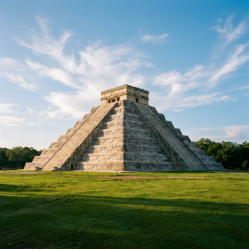 El Castillo o Pirámide de Kukulkán en Chichén Itzá bajo cielo azul, con la escalinata iluminada por el sol de la tarde