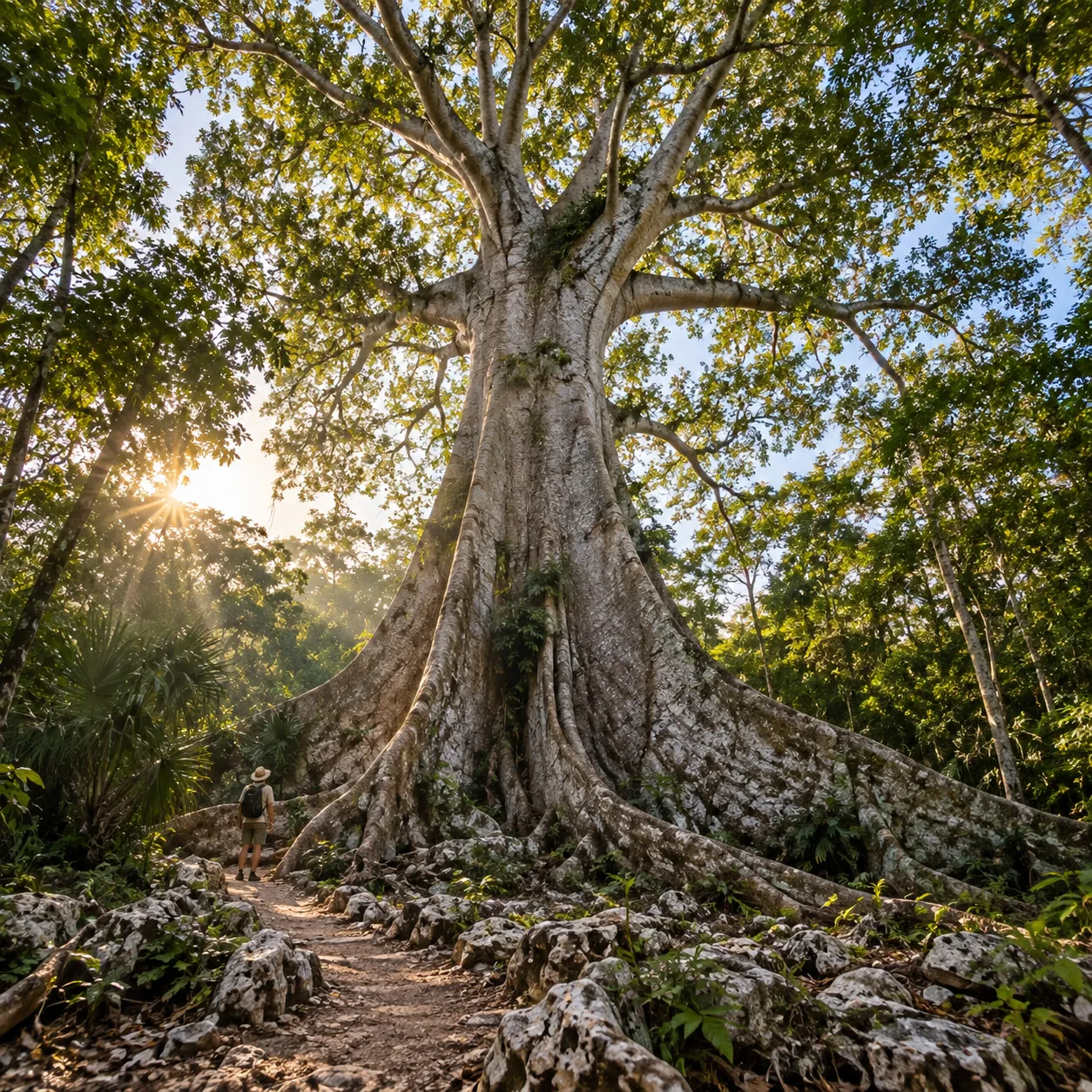 Ceiba gigante con raíces tabulares en un claro de la selva yucateca y un caminante al pie para dar escala