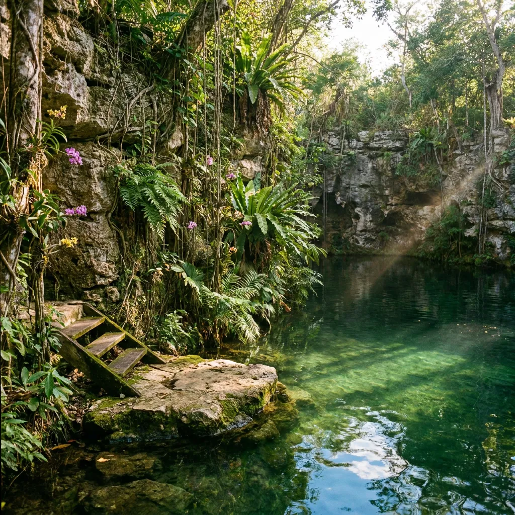 Cenote abierto a cielo descubierto rodeado de selva, con agua verde transparente y escalones de madera