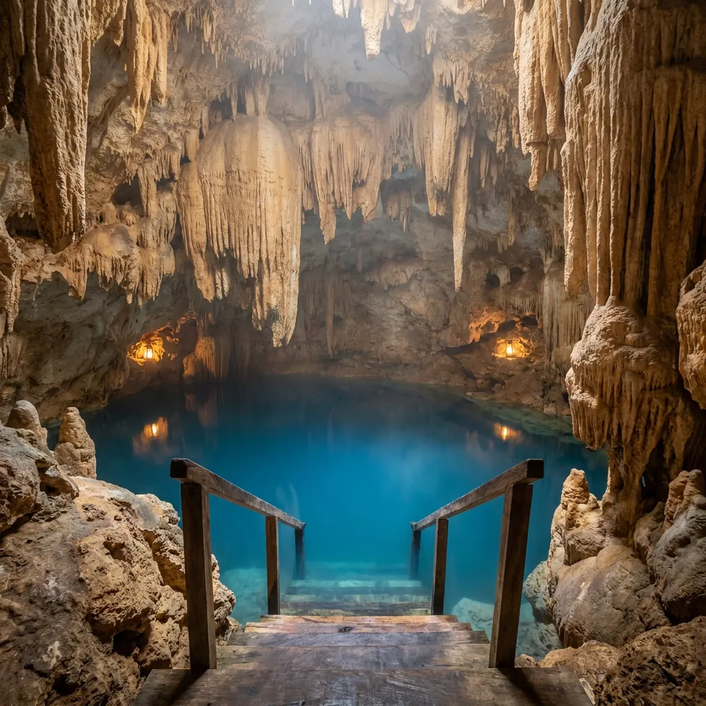 Cenote de caverna con estalactitas, agua azul y escalera de madera que baja hasta el agua