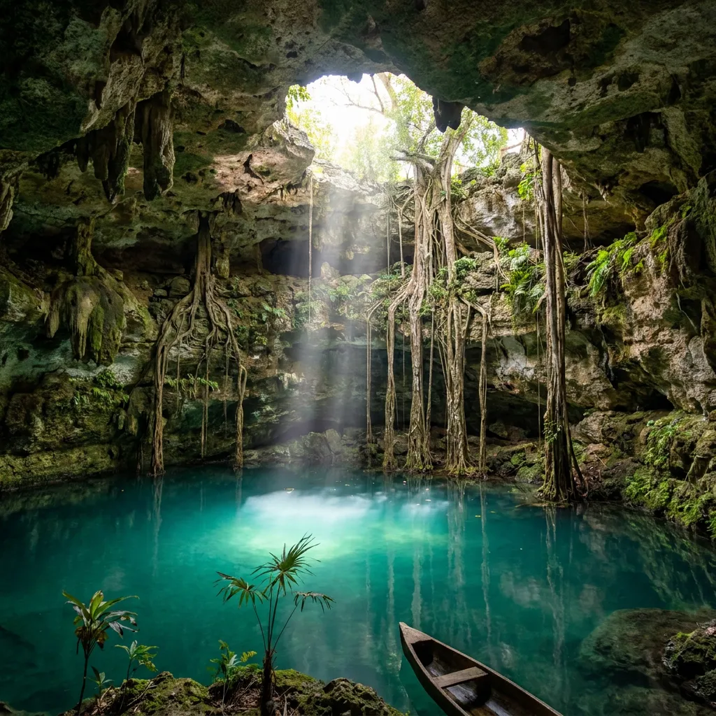 Cenote semiabierto con agua turquesa, raíces colgando desde la bóveda de piedra y un rayo de luz entrando por la abertura