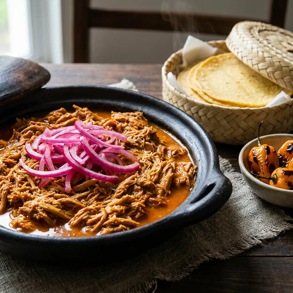 Cochinita pibil en cazuela de barro con cebolla morada curtida, tortillas en canasta y chiles habaneros asados