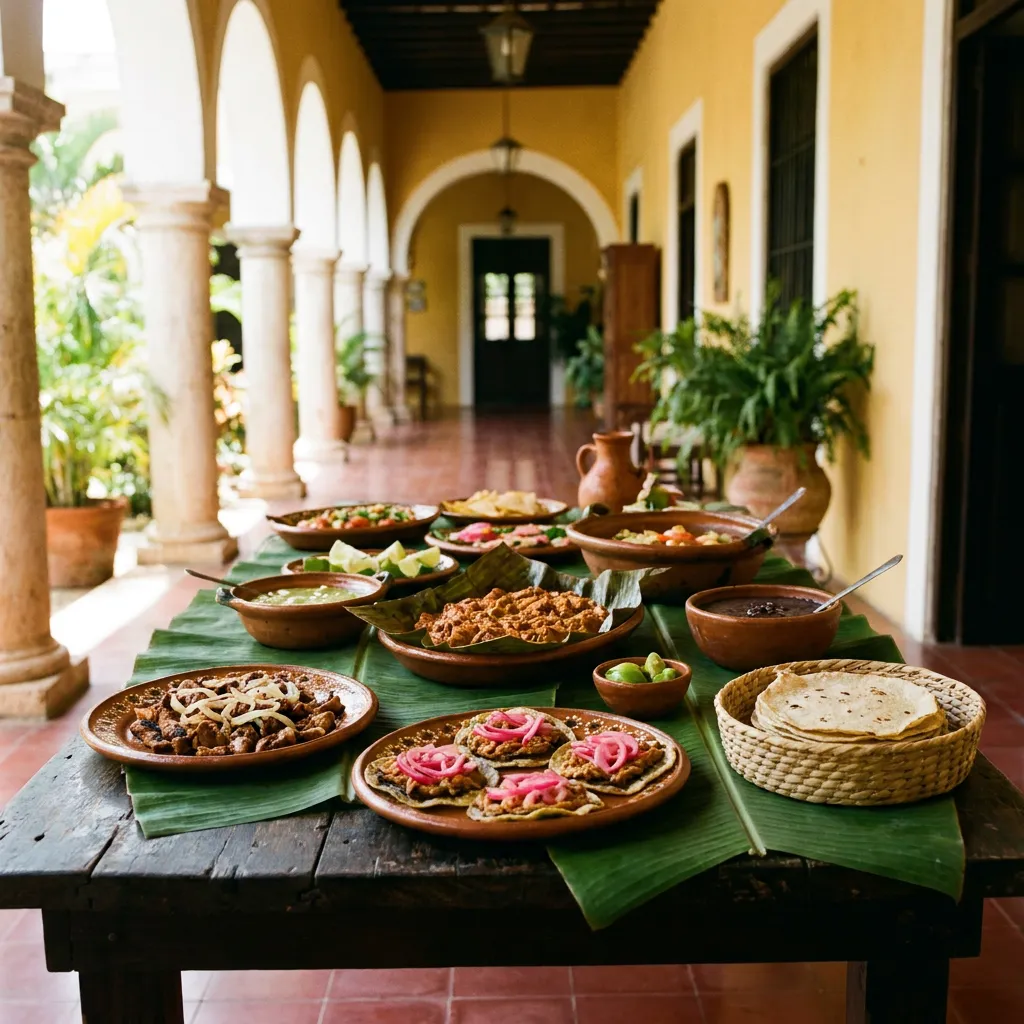 Mesa con platillos yucatecos sobre hojas de plátano en el corredor de una casona: cochinita, panuchos, frijol colado y tortillas