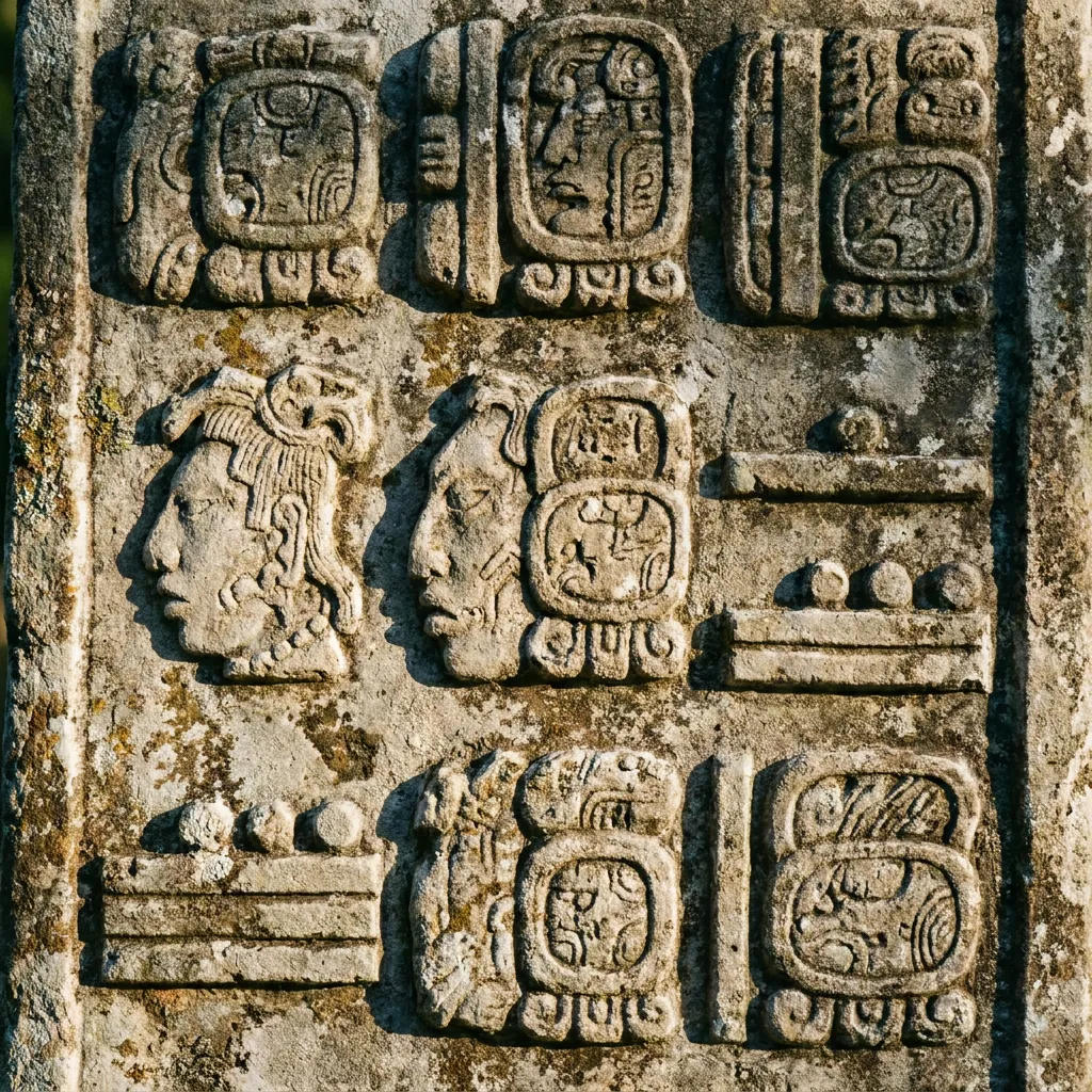 Detalle de glifos mayas tallados en piedra caliza, con rostros de perfil y numerales de barras y puntos