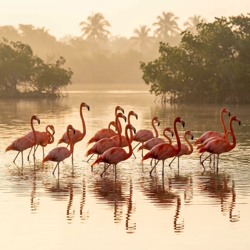 Grupo de flamencos rosados caminando en aguas bajas de una ría entre manglares al amanecer