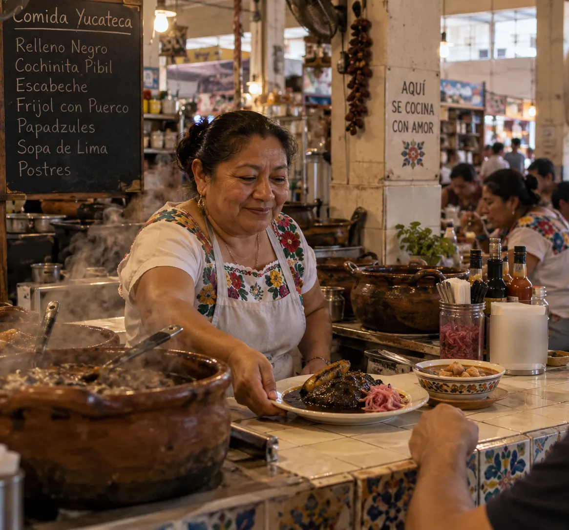 Cocinera con hipil sirviendo un plato de relleno negro en la barra de azulejos de una fonda de mercado en Mérida