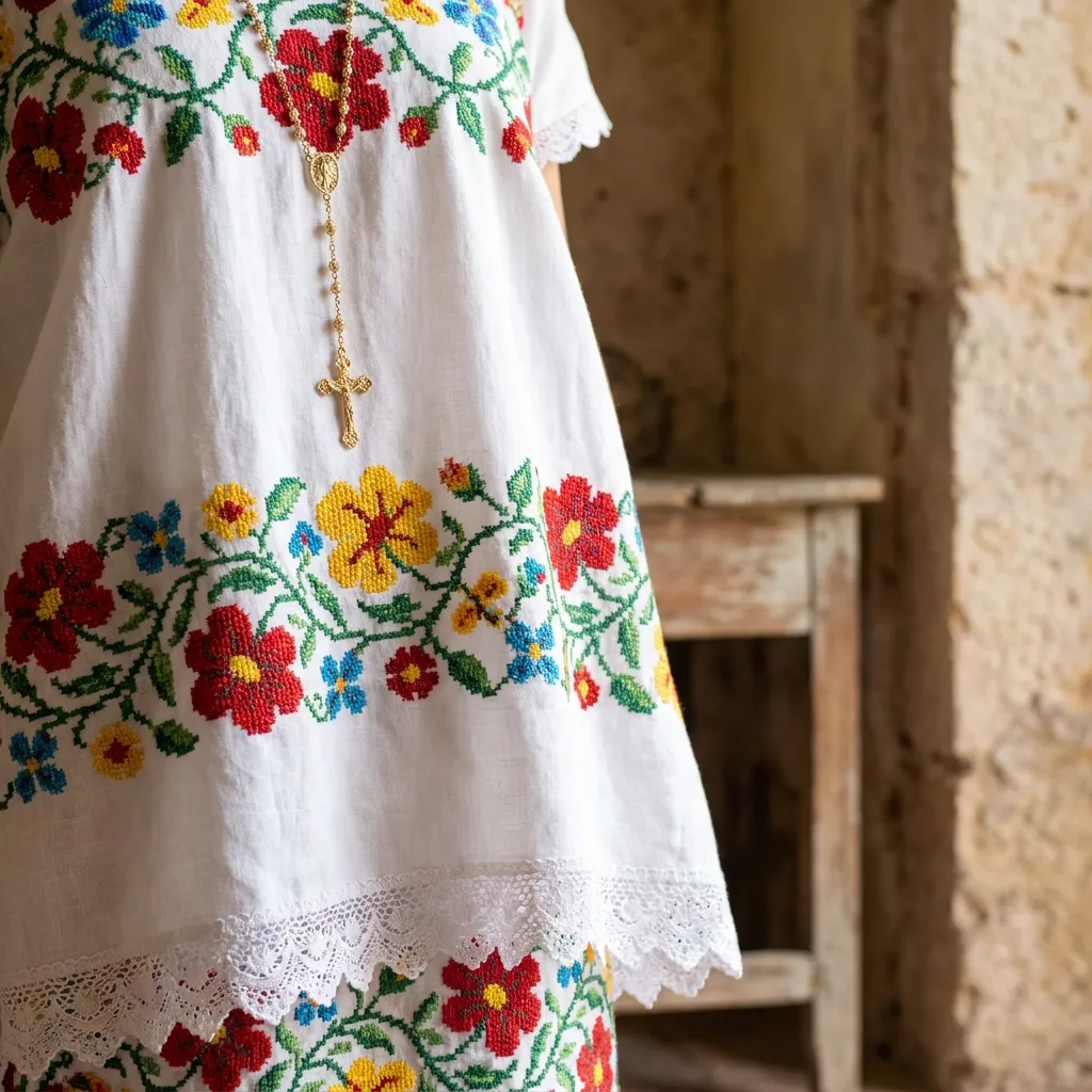 Detalle de un hipil yucateco de algodón blanco con bordado de flores en punto de cruz y encaje
