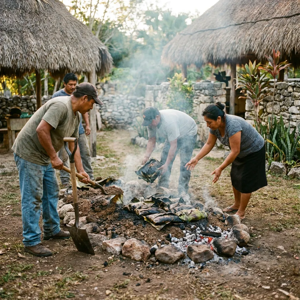 Familia yucateca destapando un horno de tierra píib con piedras calientes y hojas de plátano en un patio