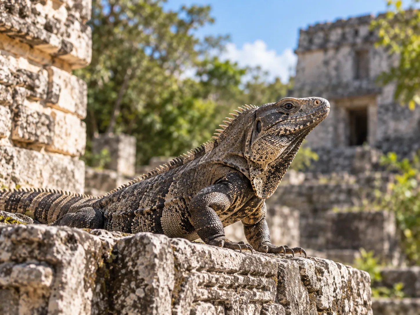 Iguana negra de cola espinosa tomando el sol sobre bloques de piedra de una zona arqueológica maya