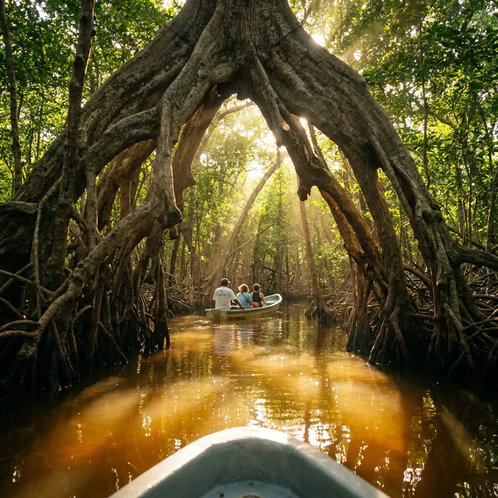 Lancha con visitantes navegando por un túnel de manglar con raíces y luz de la mañana entre los árboles