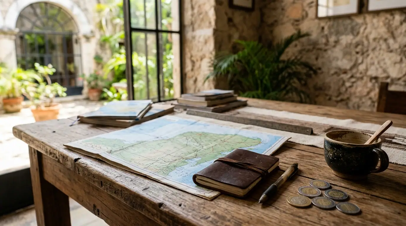 Mesa de madera con mapa de Yucatán, libreta de notas y monedas de pesos mexicanos