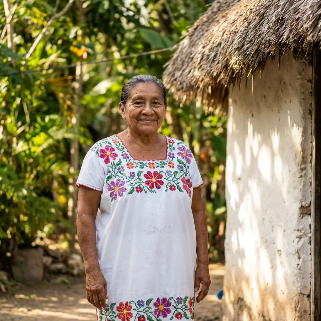 Mujer maya yucateca con hipil bordado de flores frente a una casa de paja en su pueblo
