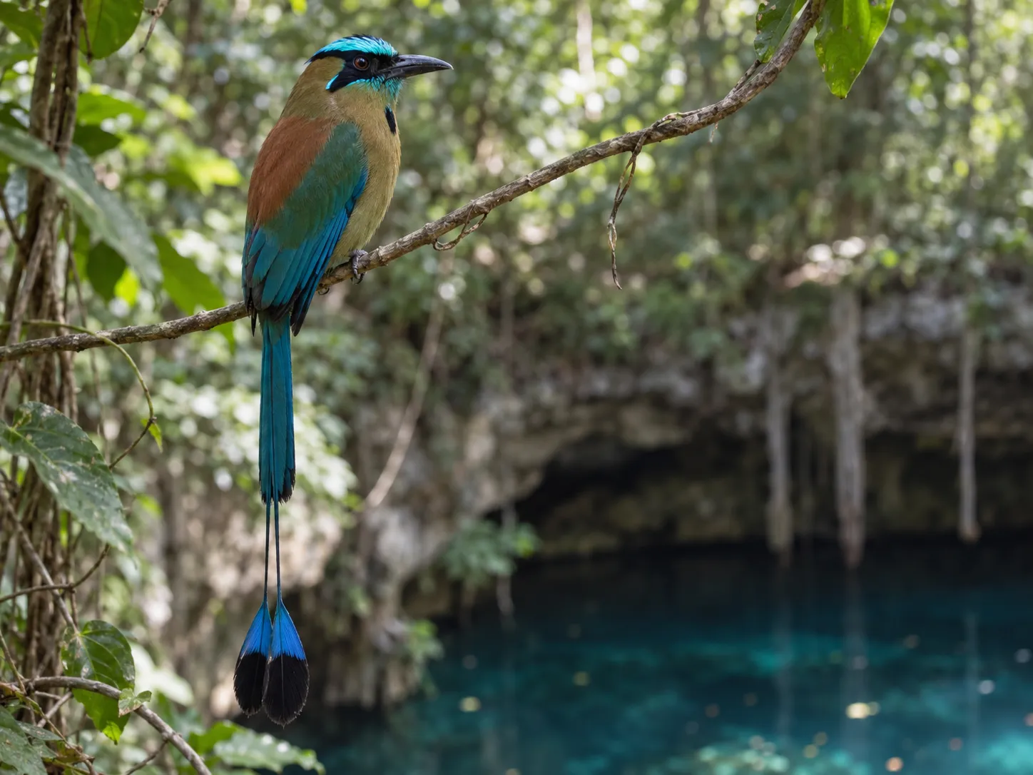 Pájaro toh con la ceja turquesa y la larga cola en forma de raqueta, posado en una rama junto a un cenote