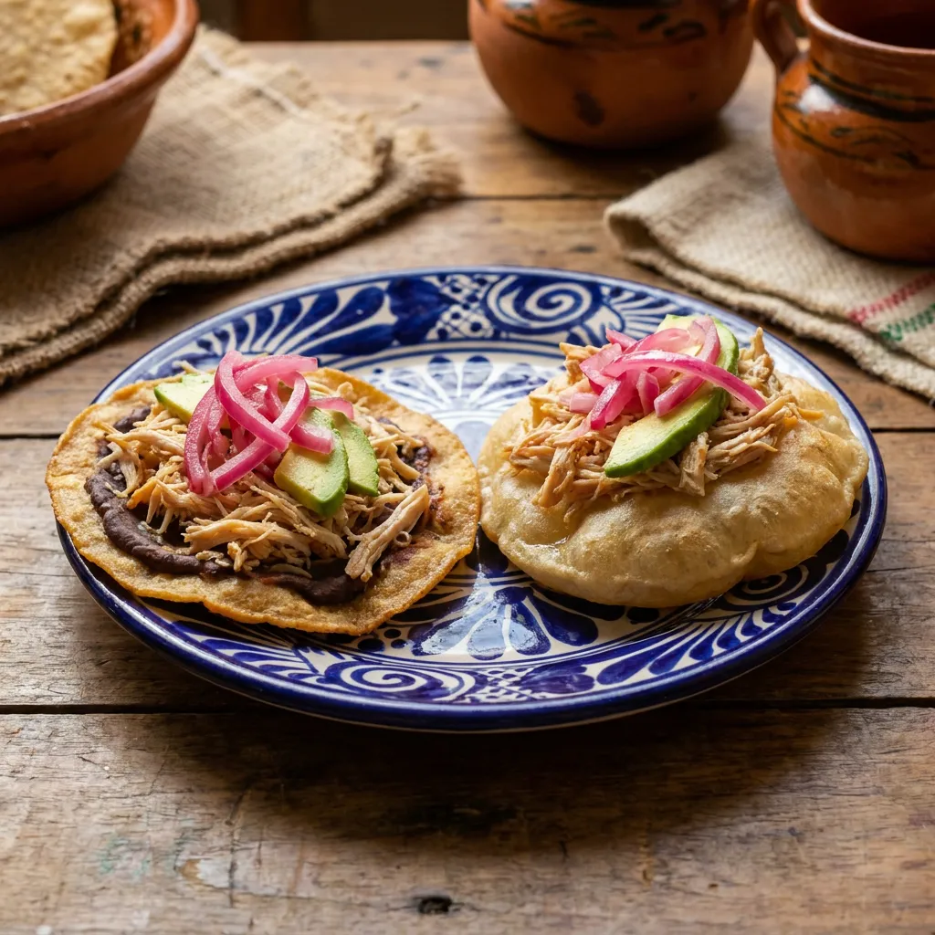 Un panucho con frijol negro y un salbute inflado, lado a lado en un plato de talavera con pollo deshebrado y cebolla morada
