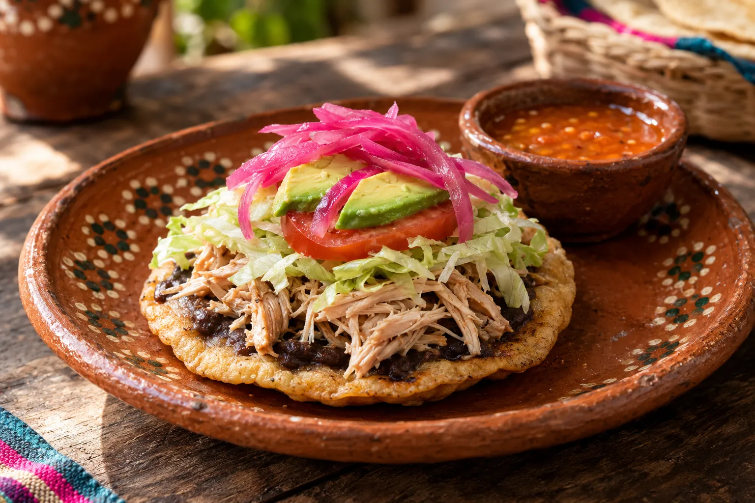 Panucho yucateco con frijol negro, pollo deshebrado, lechuga, jitomate, aguacate y cebolla curtida en plato de barro