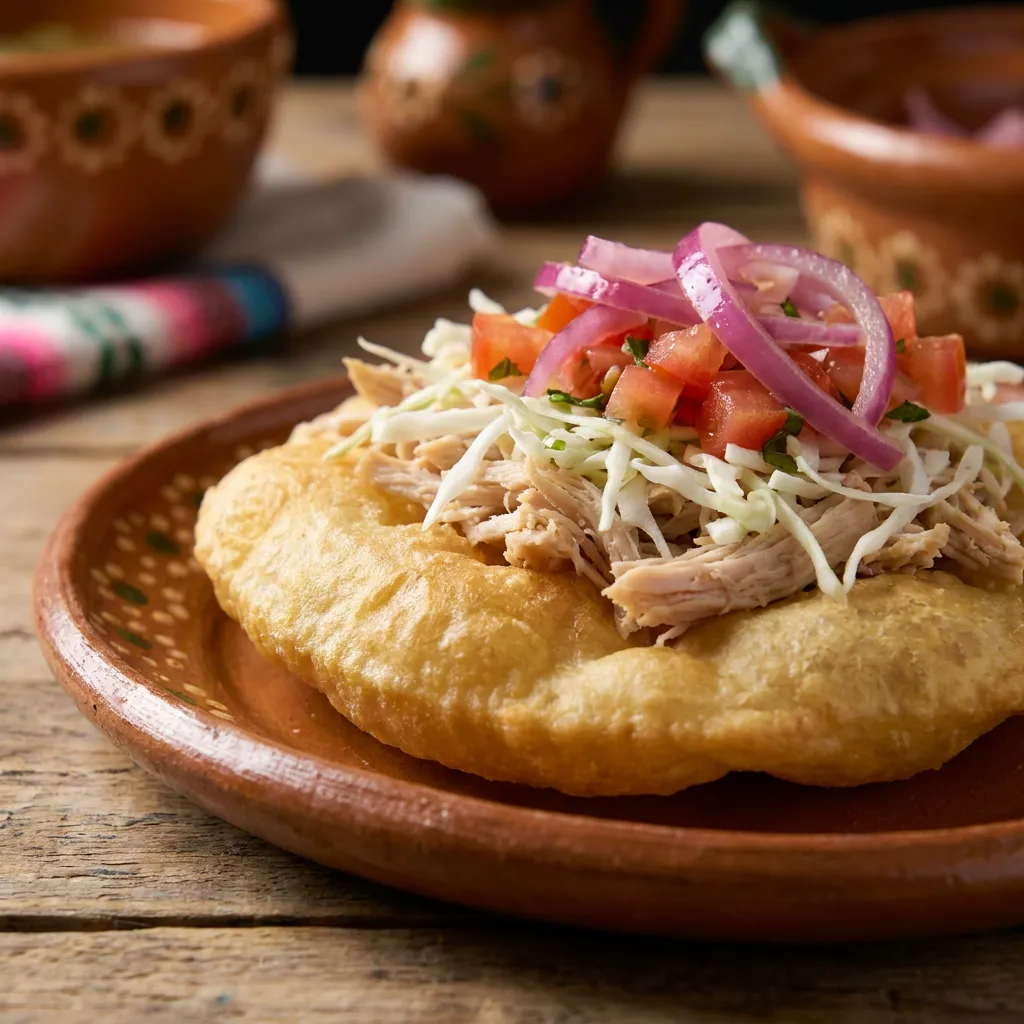 Salbute yucateco inflado y dorado con pollo, repollo, jitomate y cebolla morada en plato de barro