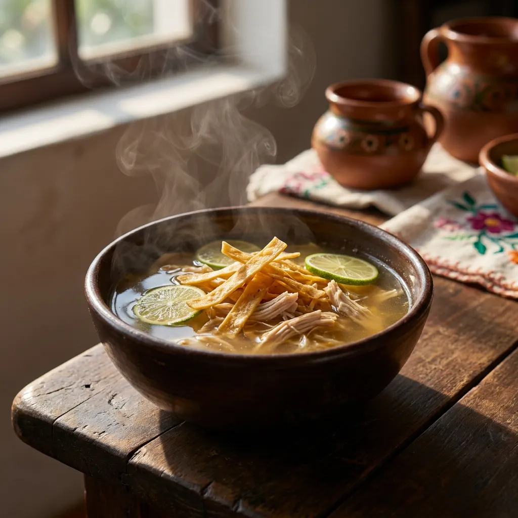 Plato hondo de sopa de lima humeante con pollo deshebrado, tiras de tortilla frita y rodajas de lima