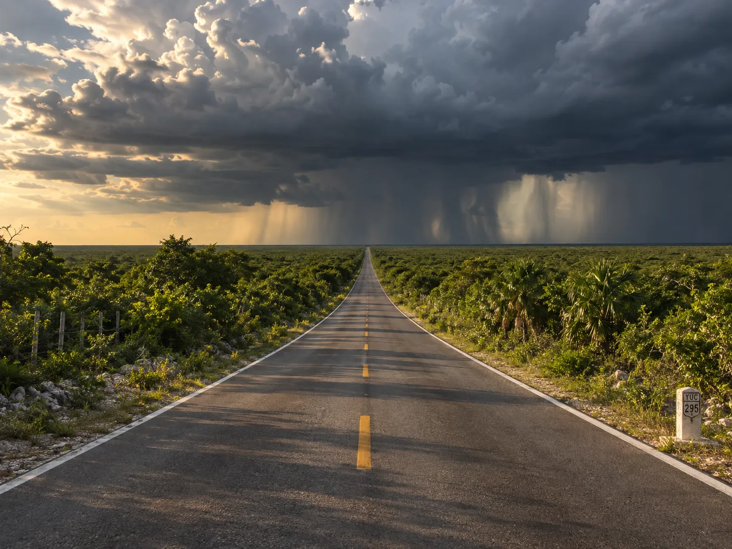 Tormenta de tarde con cortinas de lluvia sobre la selva plana de Yucatán y una carretera recta