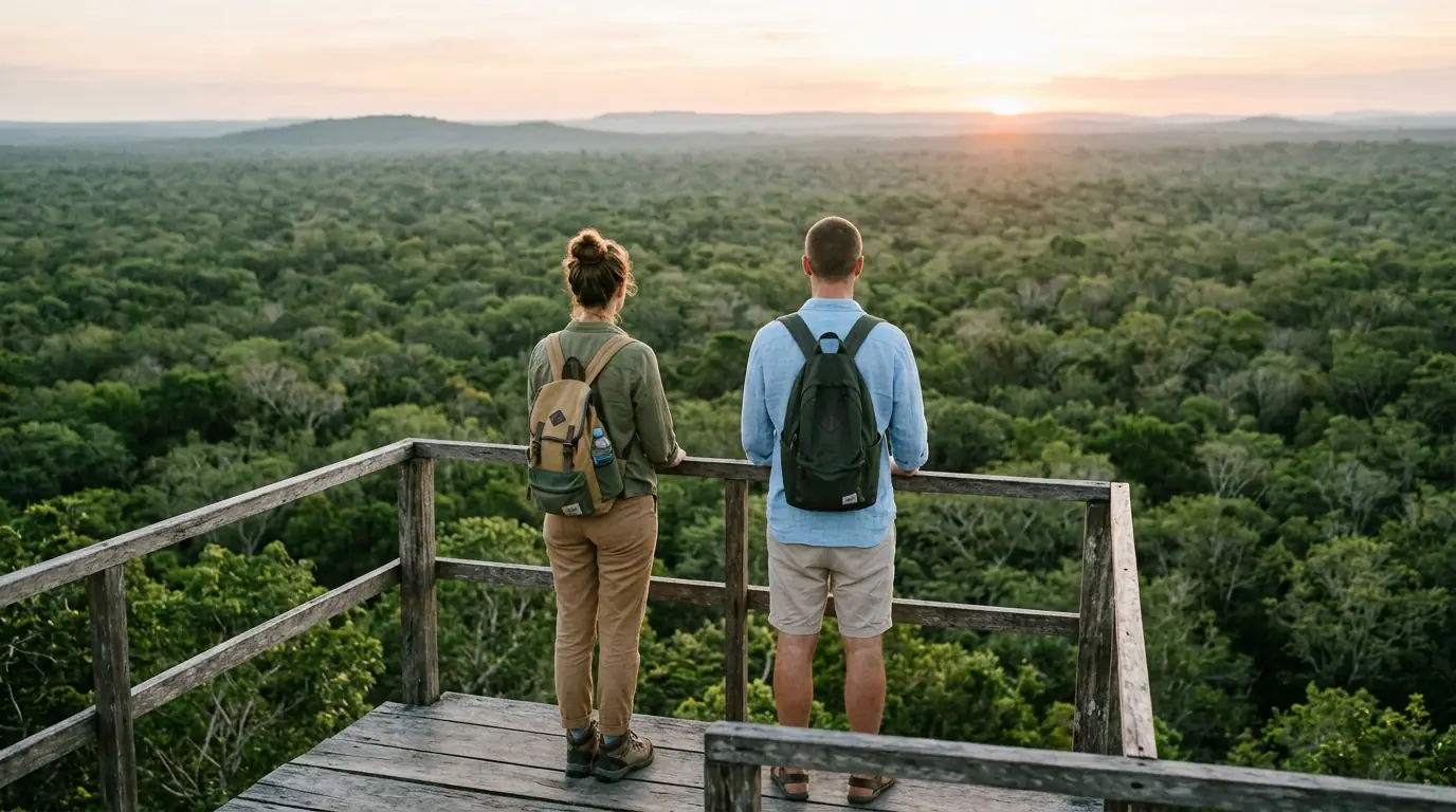 Dos viajeros de espaldas con mochilas observando la selva maya de Yucatán al amanecer
