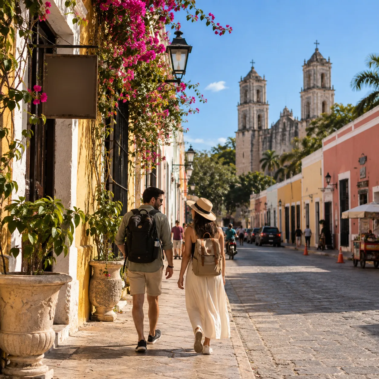 Pareja de viajeros caminando por una calle colonial de Valladolid con buganvilias y una iglesia colonial al fondo